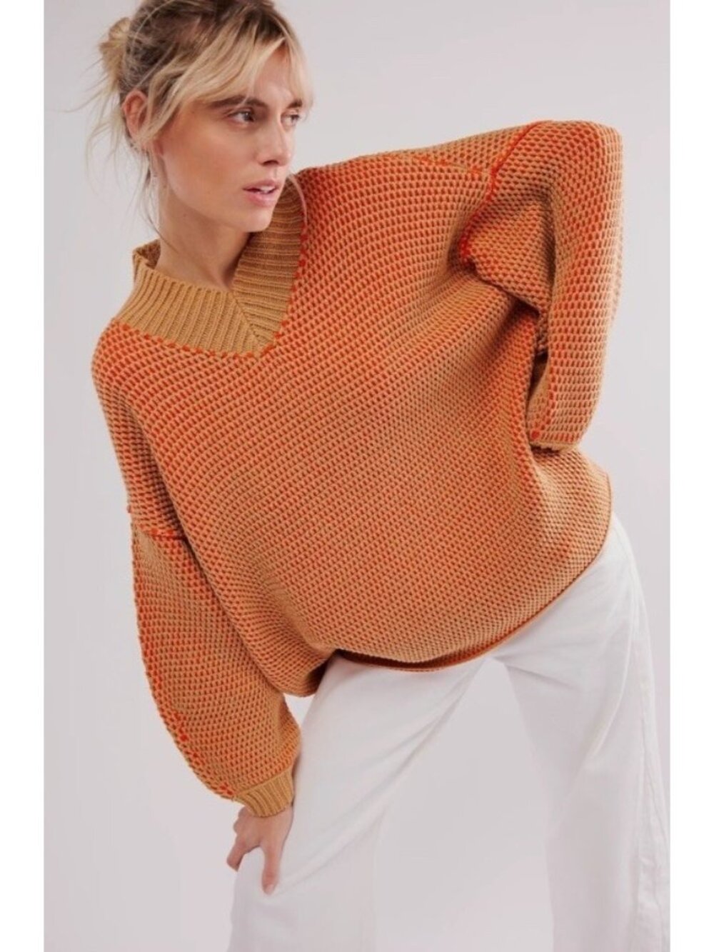 Free People Maisie Oversized Sweatshirt Knit Womens Medium Camel Tangerine Combo